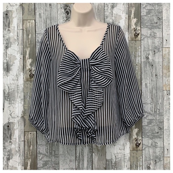 #105 Estam Large Bow Sheer Pin Stripe Reversible Blouse Shirt Top Tunic Small - Picture 1 of 4